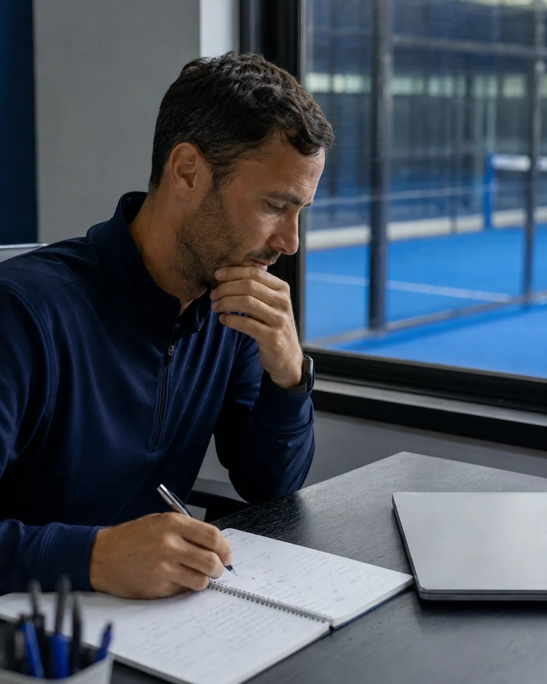 A coach preparing a training session in a notebook beside the court