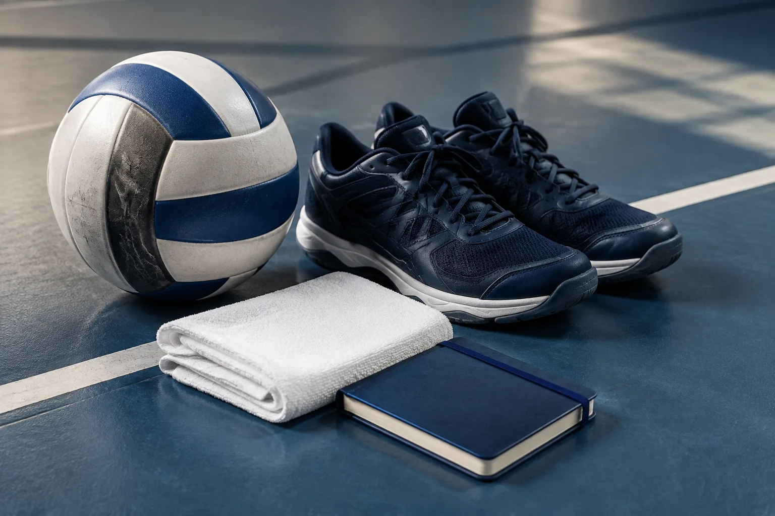 Volleyball equipment and a notebook ready for junior club training