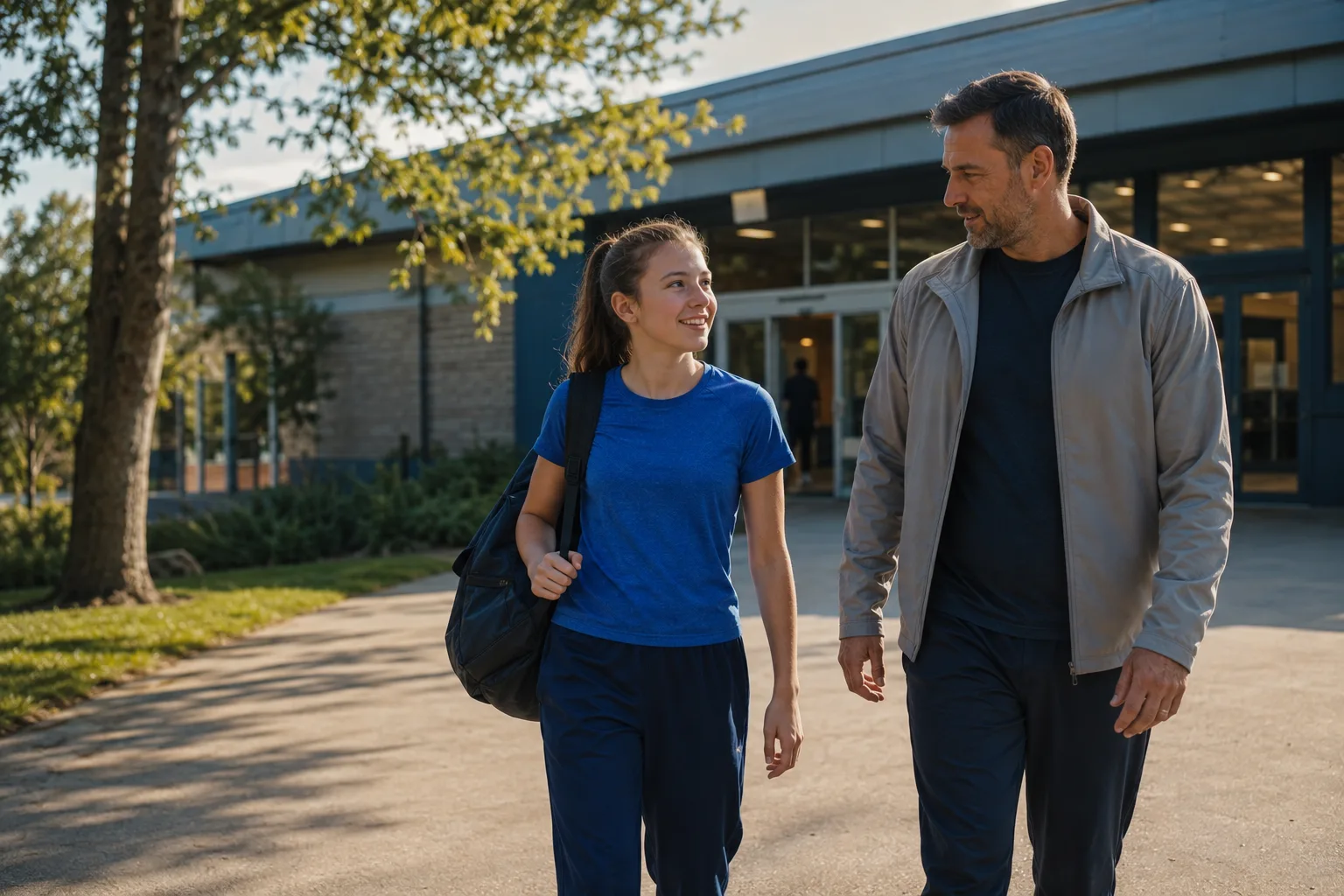 A parent and young athlete walking home together after practice