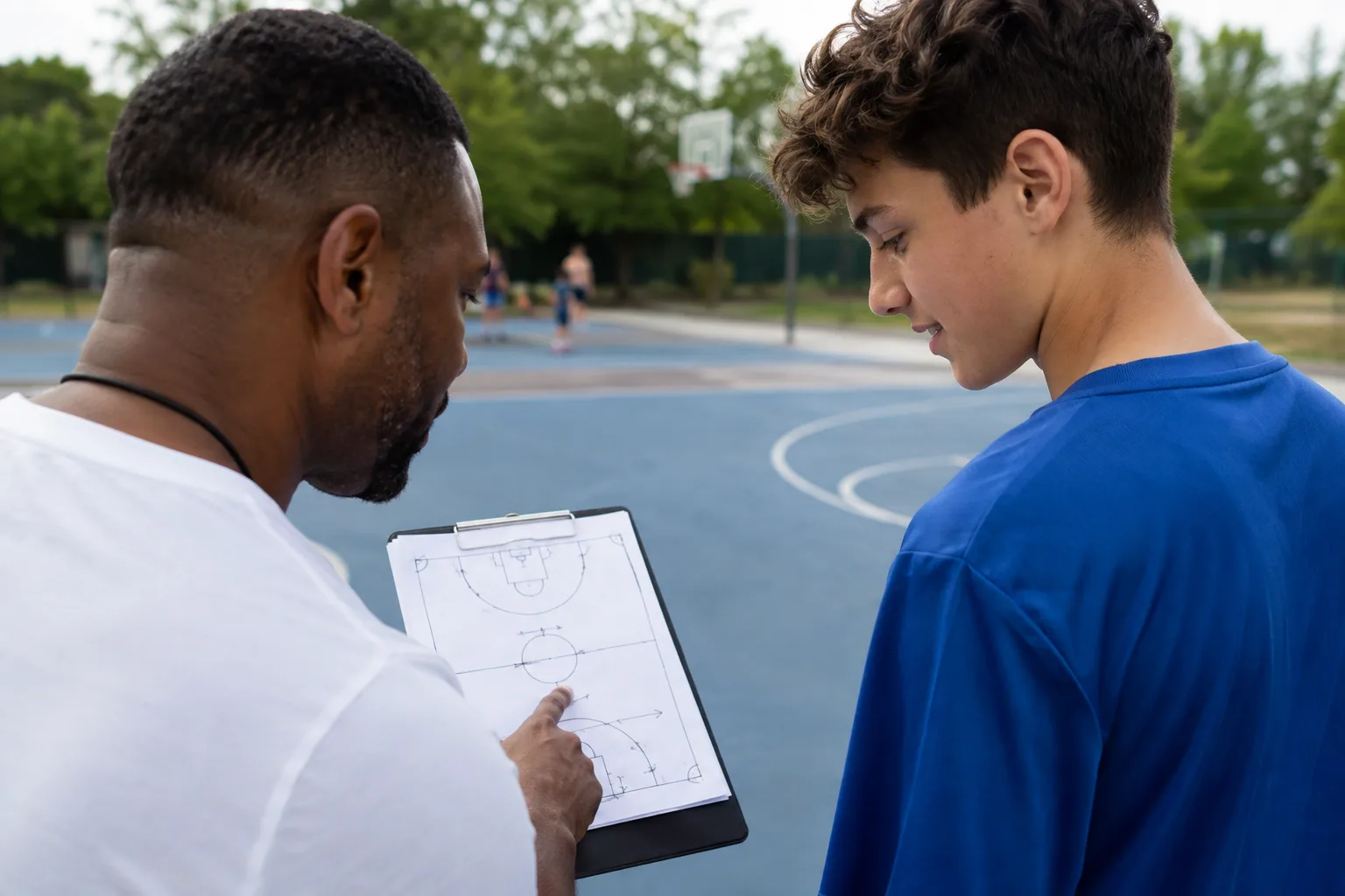 A coach helping a teenage player understand a court diagram