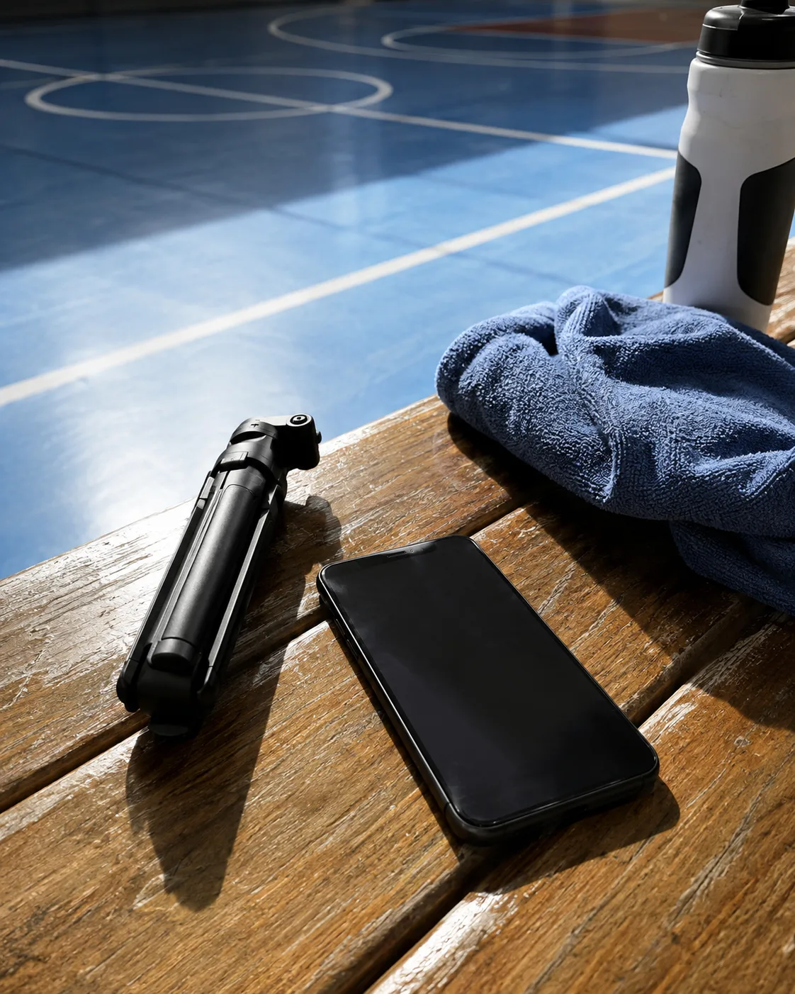 A phone, folded tripod, towel and water bottle ready for a session