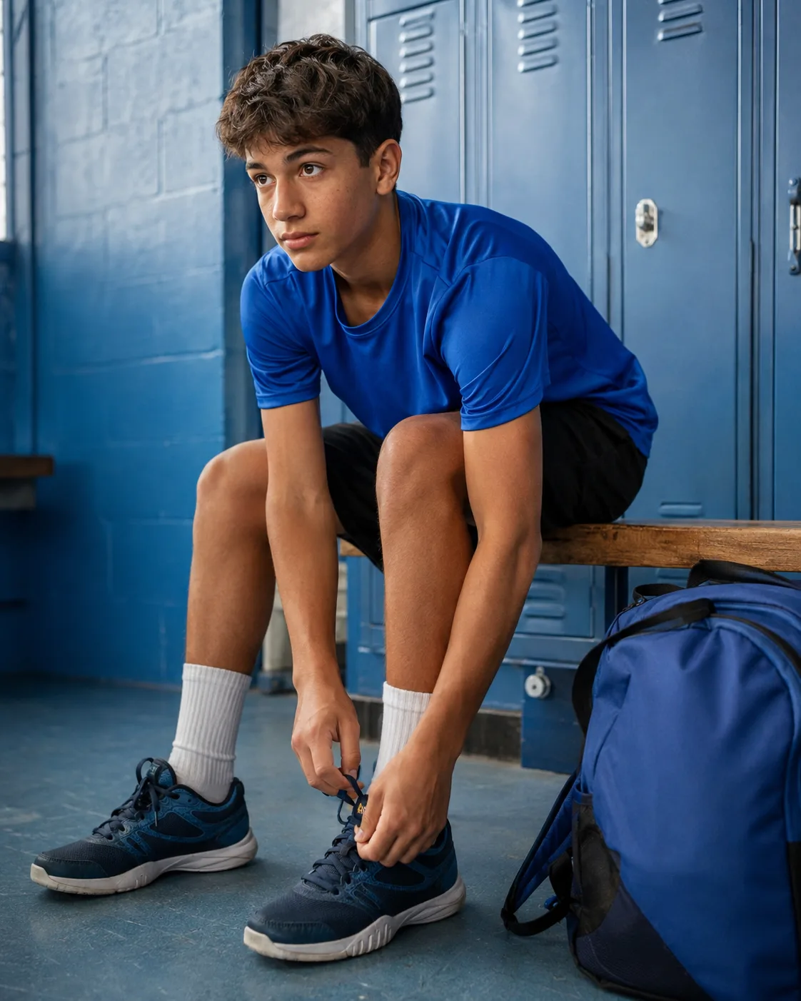An athlete tying his court shoes before training