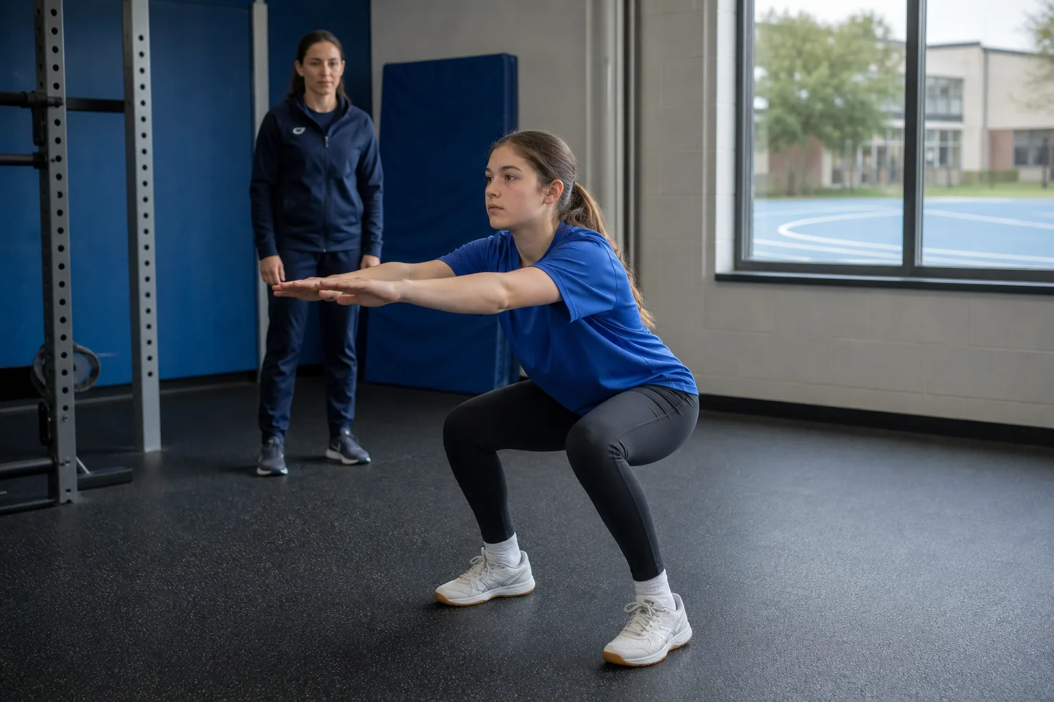 A young athlete practicing a bodyweight squat with a coach supervising